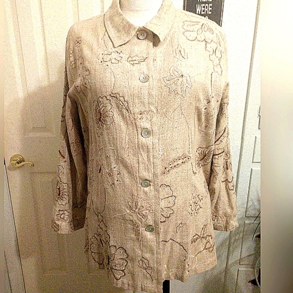 Chico's embroidered and beaded silk blend long sleeve blouse